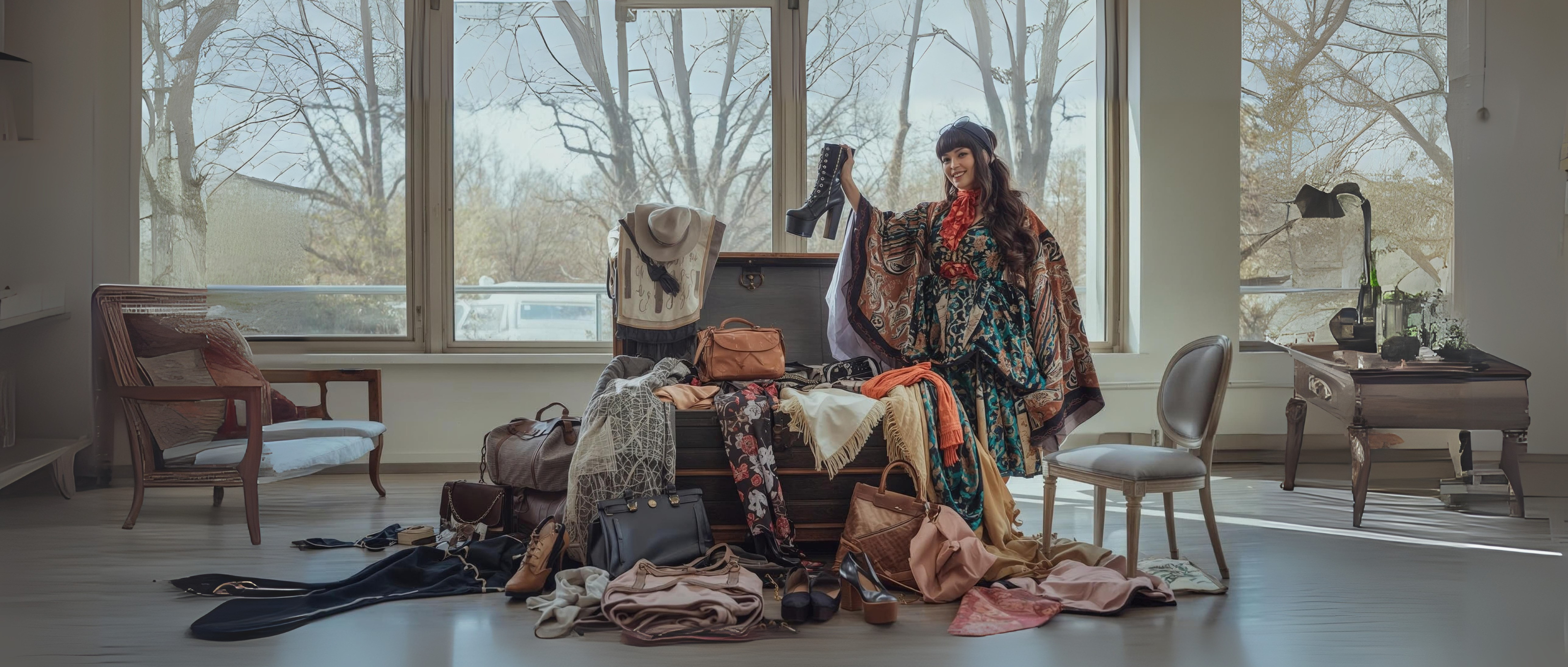 Eine_stilvolle_junge_Frau_mit_einem_eleganten_modernen_Vintage-Look_steht_in_einem_hell_eingerichteten_modernen_Zimmer_mit_grossen_Fenstern_und_viel_Tageslicht._Sie_traegt_ein_extravagantes_outfit