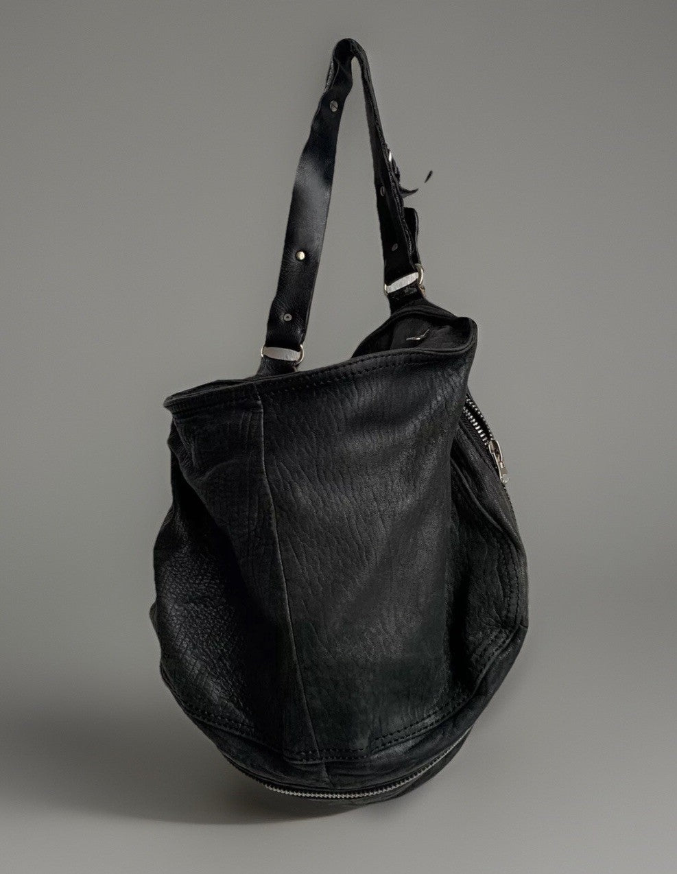 Schwarze Leder Shopper Tasche Damen – Seitenansicht