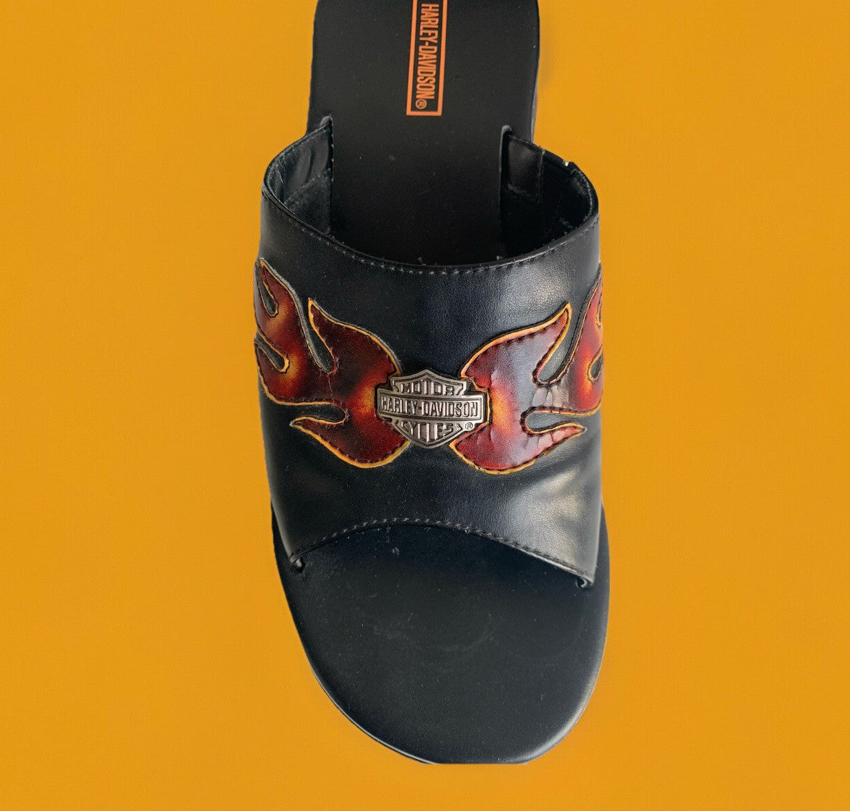 harley-davidson-90er-vintage-plateau-flipflops-leder-flammen-gr41 detail