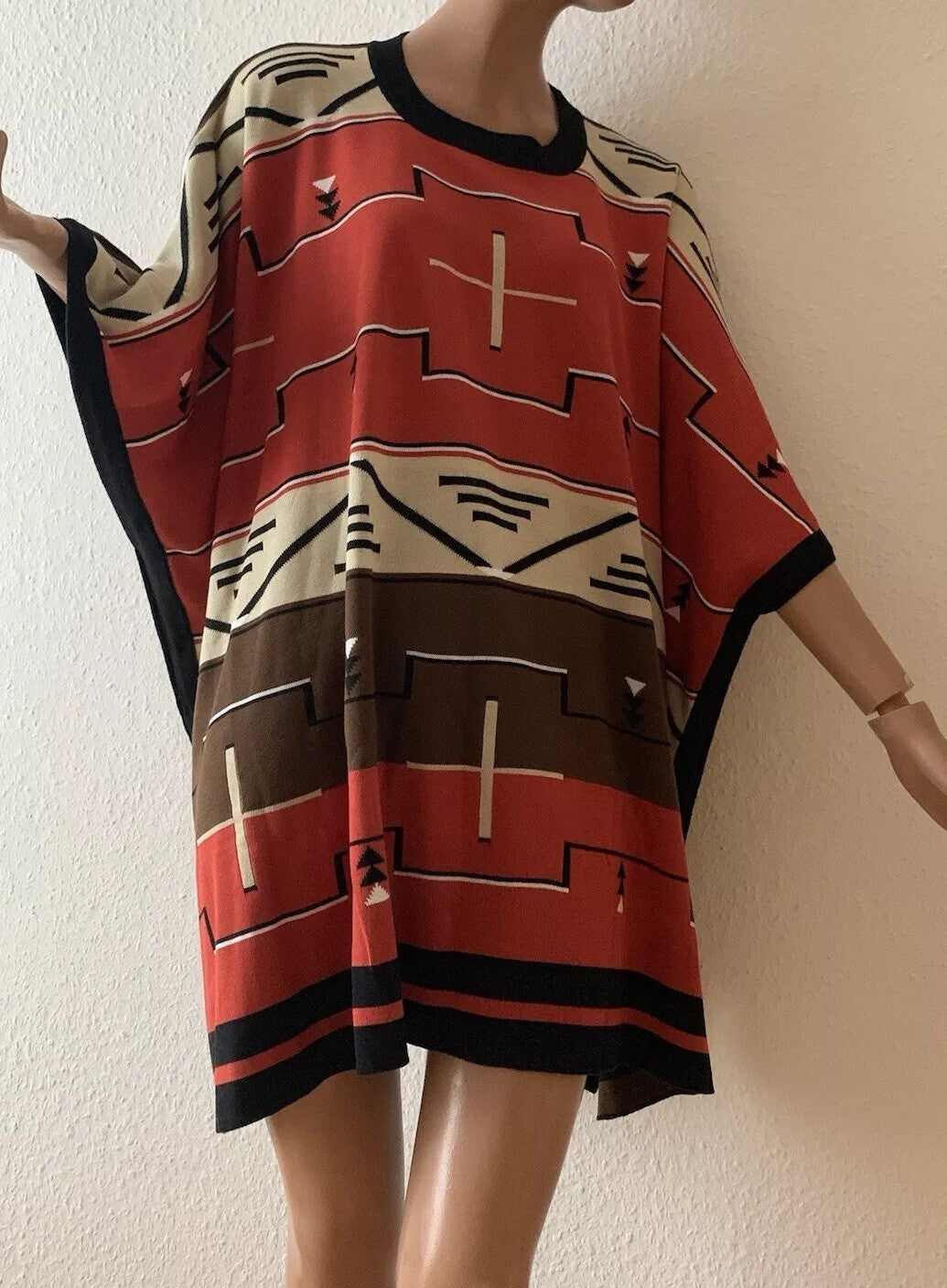 Vintage Peter Luft Tribal Muster in Rot, Beige und Braun  Limited Edition Poncho mit Ethno 